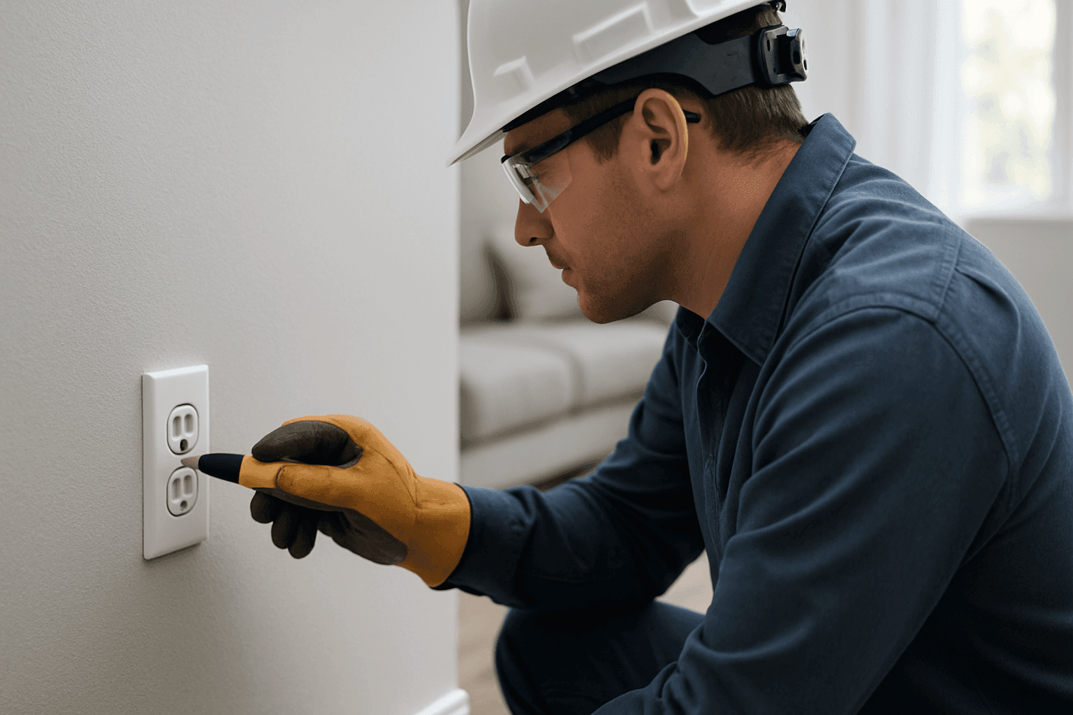 Electrician inspecting a home's electrical outlet for fire risk