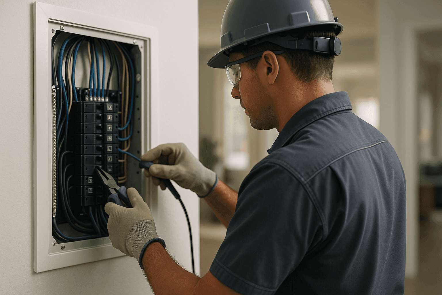 Residential electrician wearing safety gear working on a clean home electrical panel