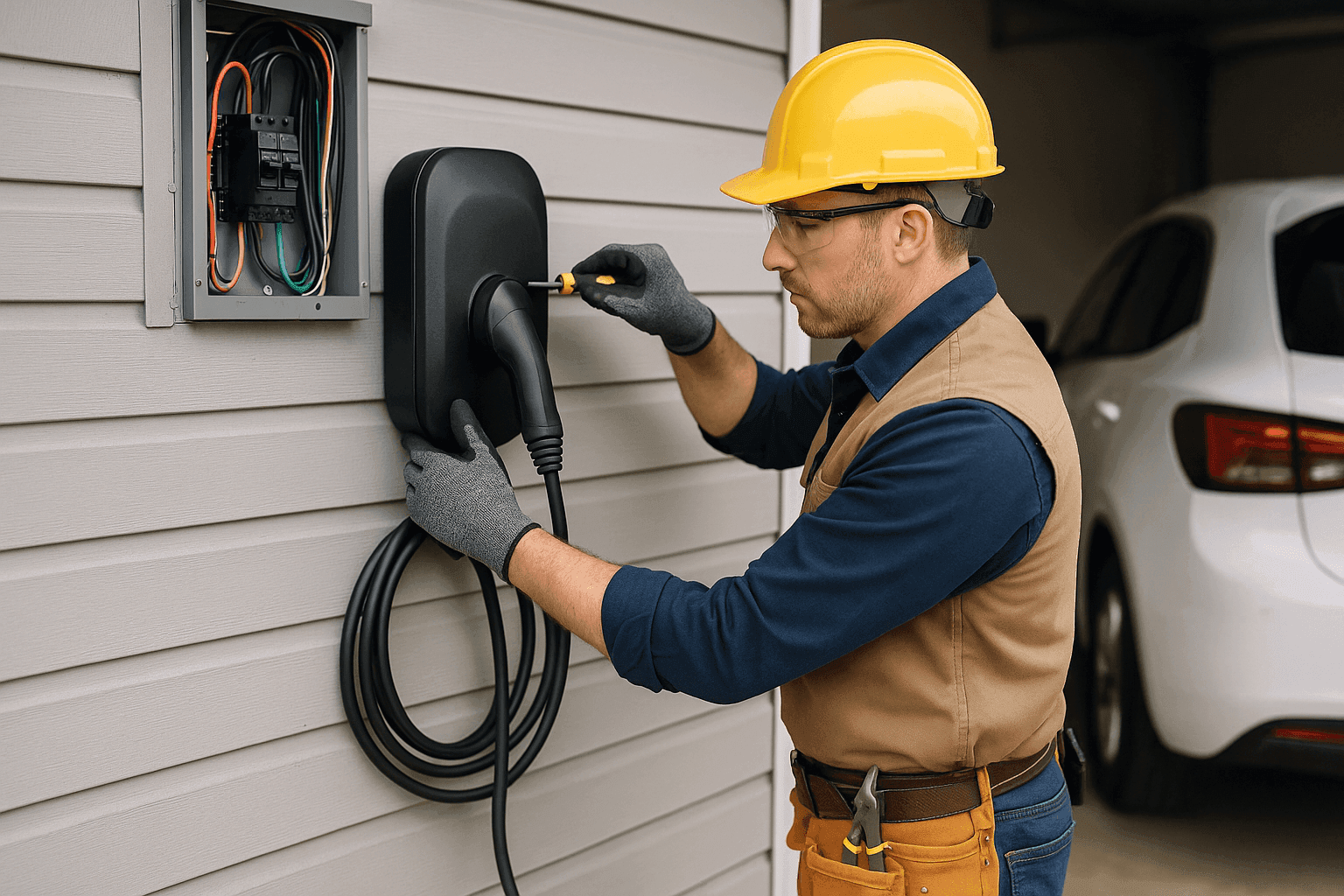 Electrician installing EV charger in home garage with safety gear